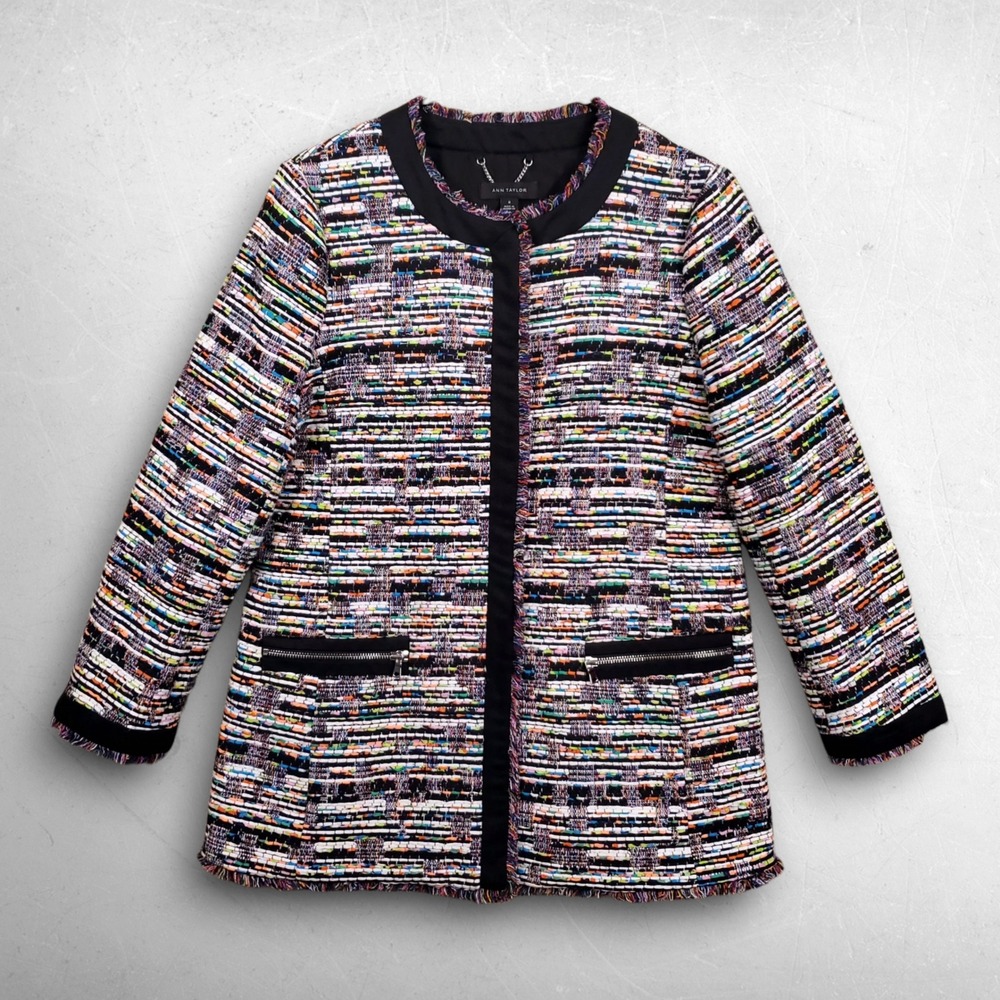 Ann Taylor Tweed Fringed Blazer Jacket Women Size M Multi Color Workwear Chic